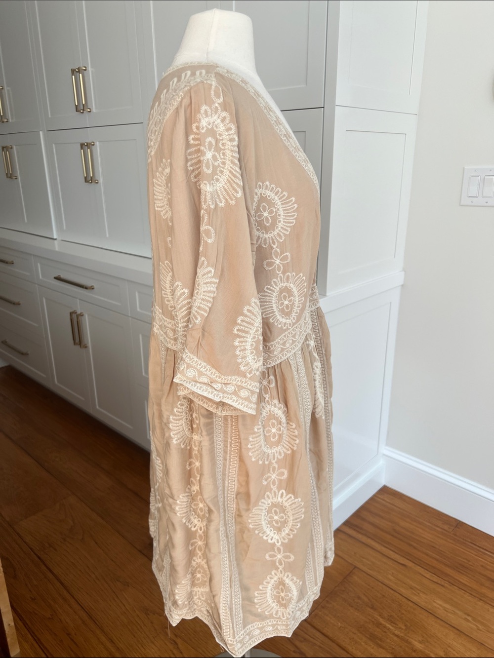 Solitaire Beige Embroidered V-Neck Women's Swim Coverup - Picture 2 of 9